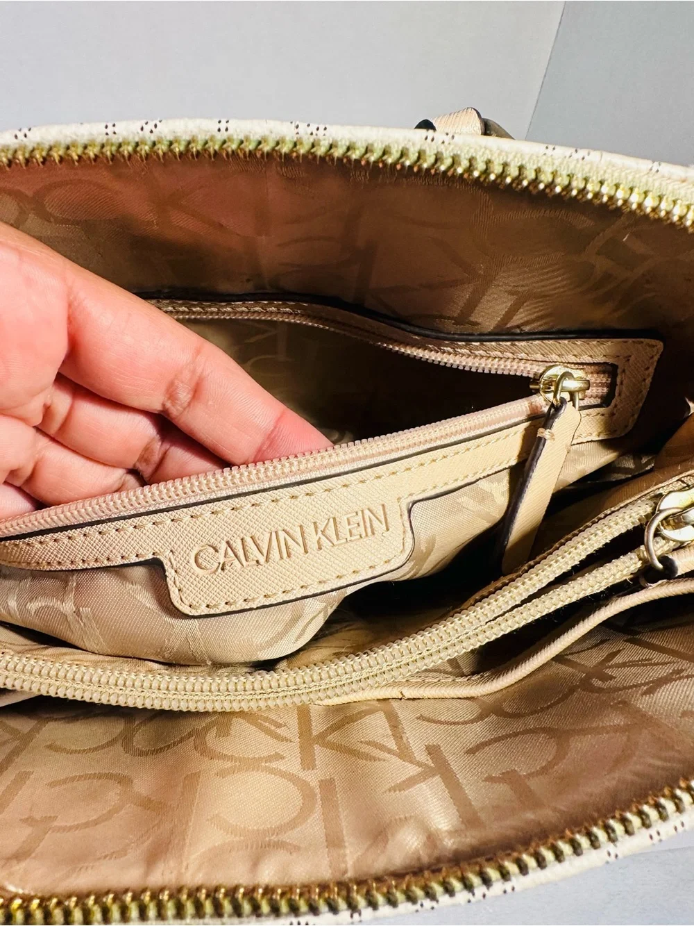 Calvin Klein Ivory Logo Dome Satchel with Gold Hardware